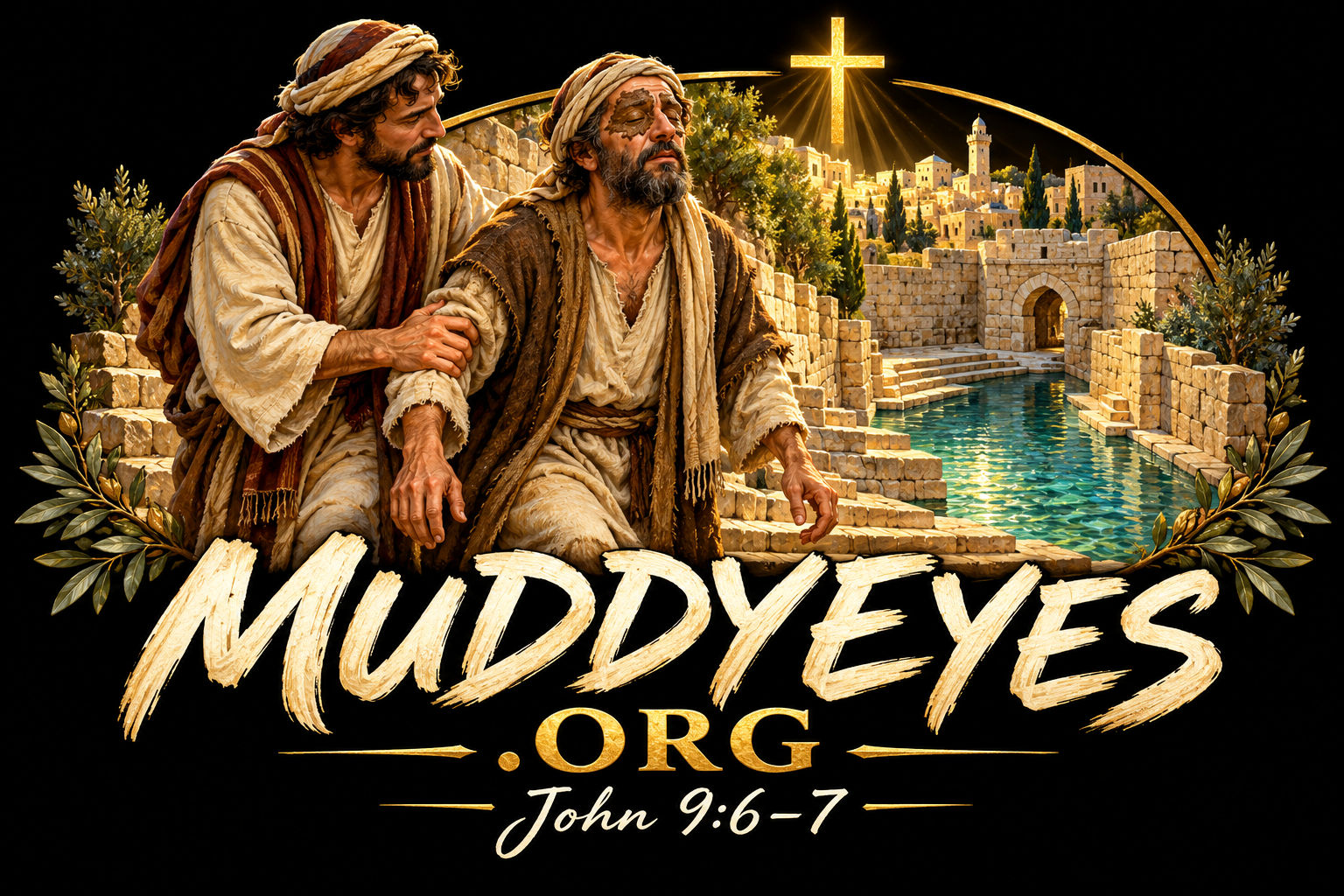 MUDDYEYES.org — blind man guided to the Pool of Siloam, John 9:6–7